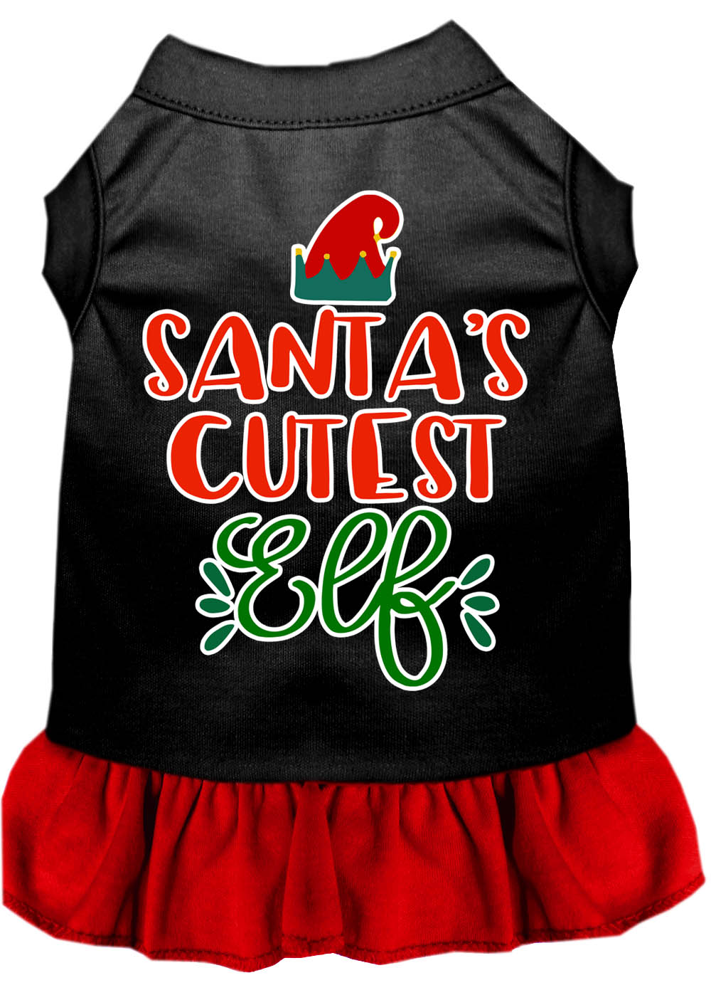 Santa's Cutest Elf Screen Print Dog Dress Black With Red Xs