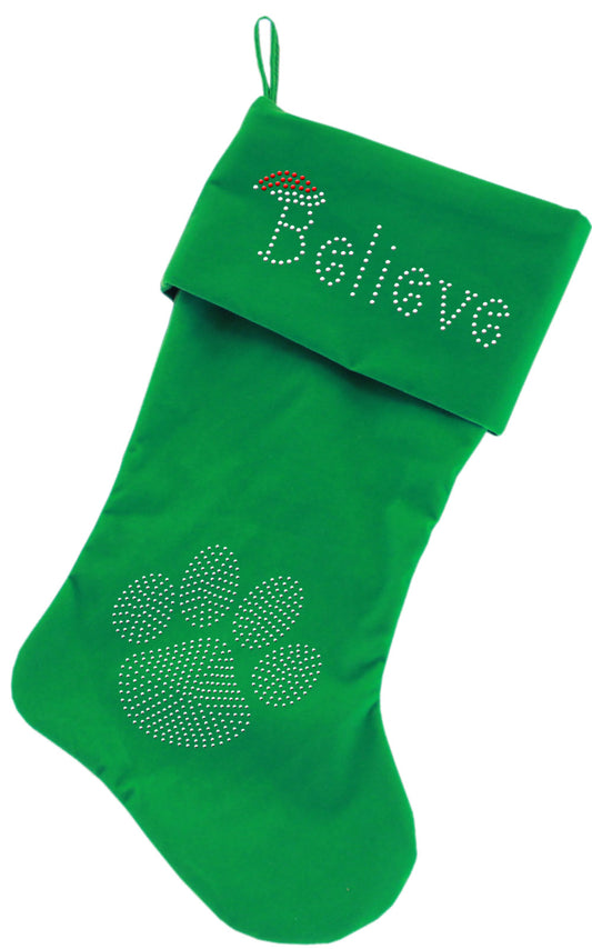 Believe Rhinestone 18 Inch Velvet Christmas Stocking Green