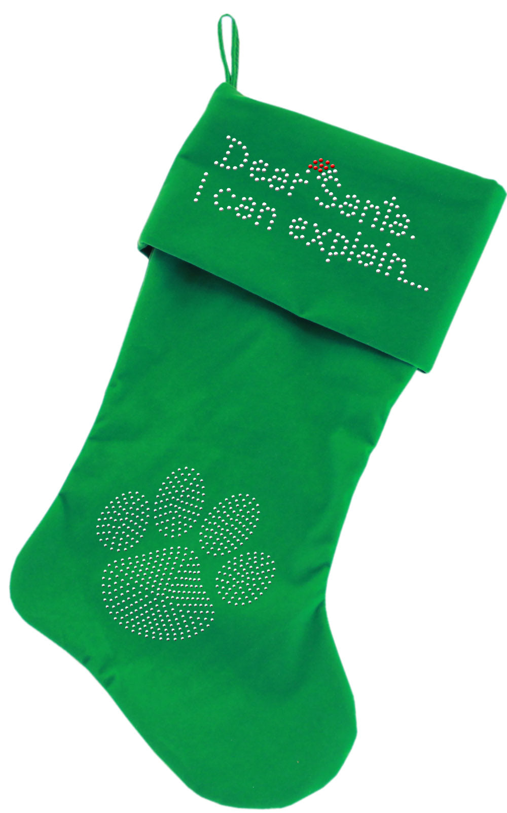 Dear Santa I Can Explain Rhinestone 18 Inch Velvet Christmas Stocking Green