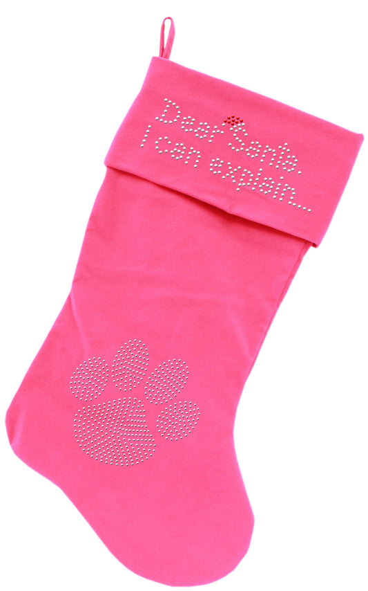 Dear Santa I Can Explain Rhinestone 18 Inch Velvet Christmas Stocking Pink