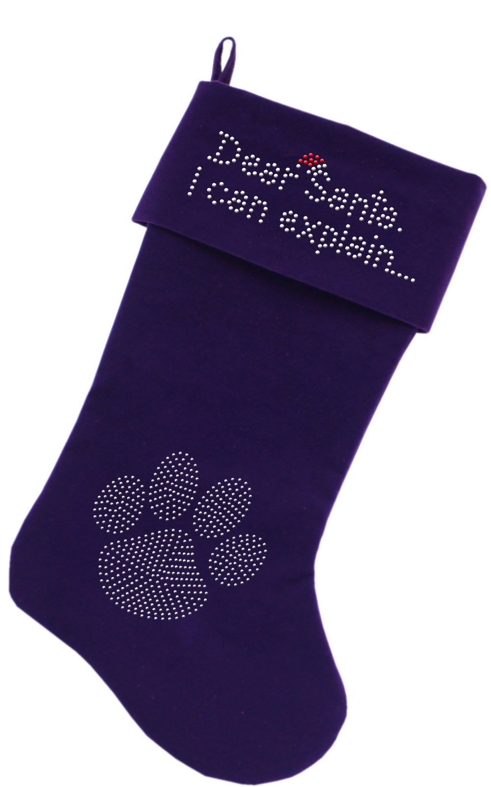 Dear Santa I Can Explain Rhinestone 18 Inch Velvet Christmas Stocking Purple