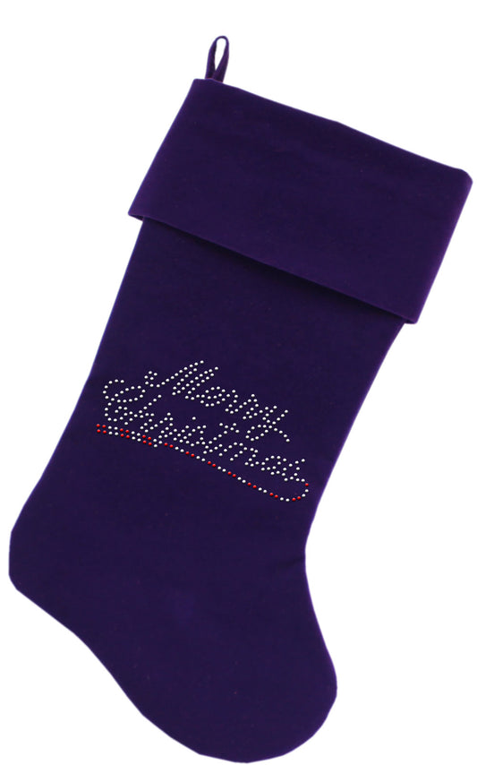 Merry Christmas Rhinestone 18 Inch Velvet Christmas Stocking Purple