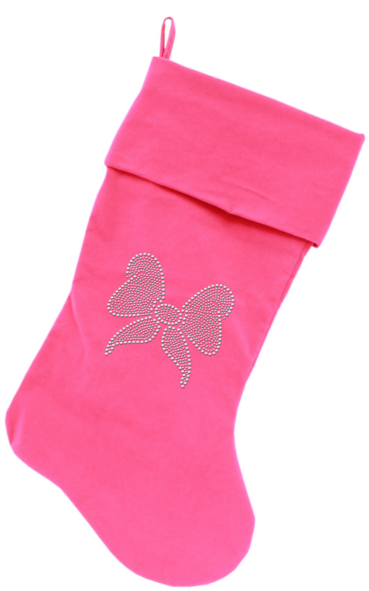 Clear Bow Rhinestone 18 Inch Velvet Christmas Stocking Pink