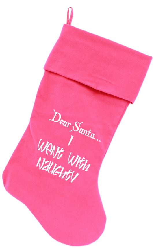 Went With Naughty Screen Print 18 Inch Velvet Christmas Stocking Pink