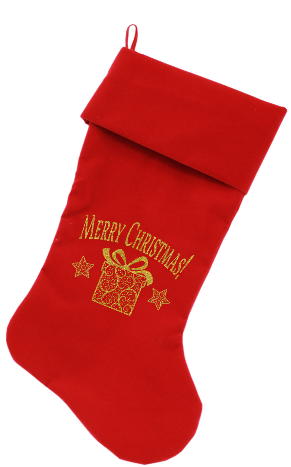 Golden Christmas Present Screen Print 18 Inch Velvet Christmas Stocking Red