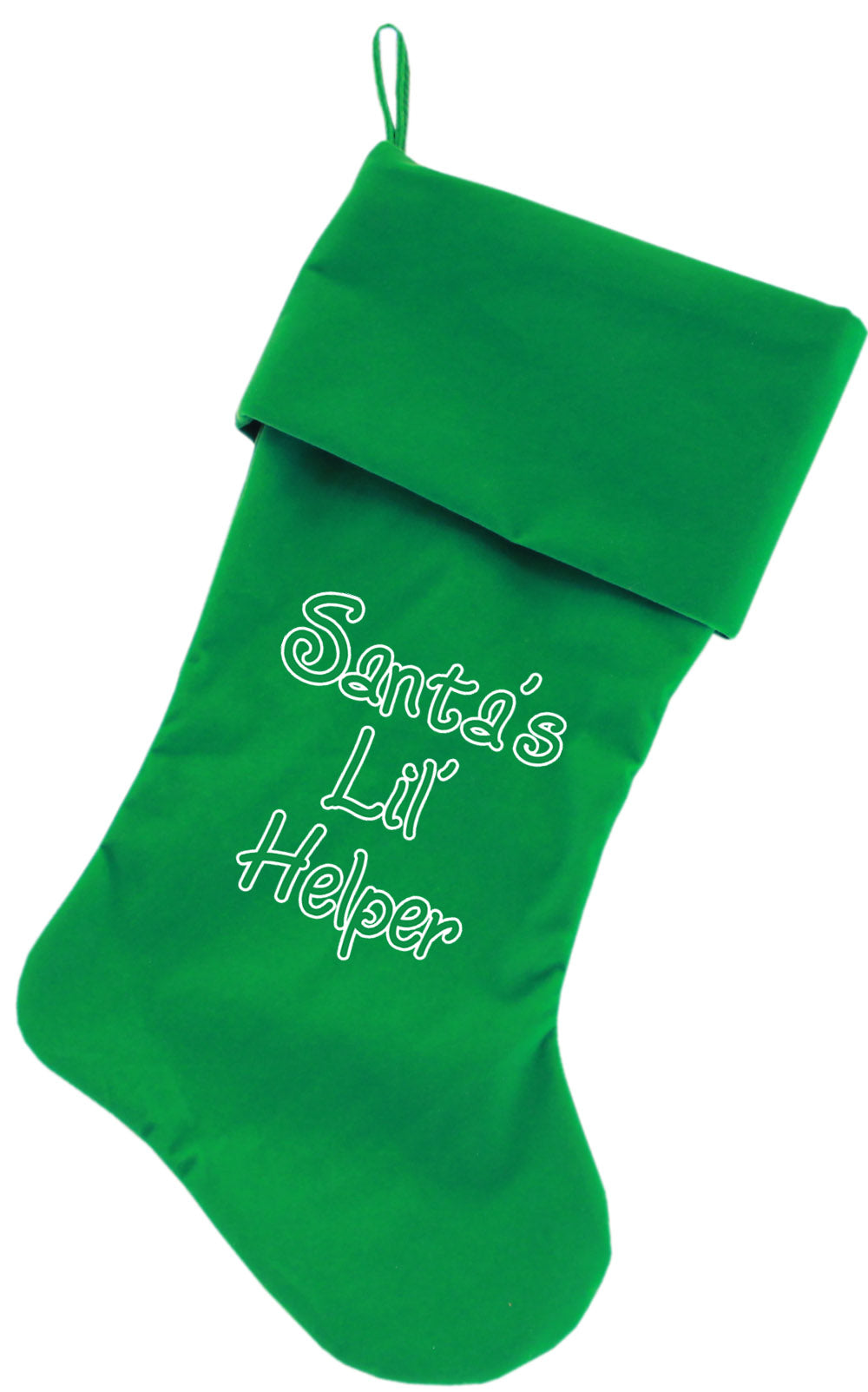 Santa's Lil' Helper Screen Print 18 Inch Velvet Christmas Stocking Green