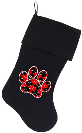 Argyle Paw Red Screen Print 18 Inch Velvet Christmas Stocking Black