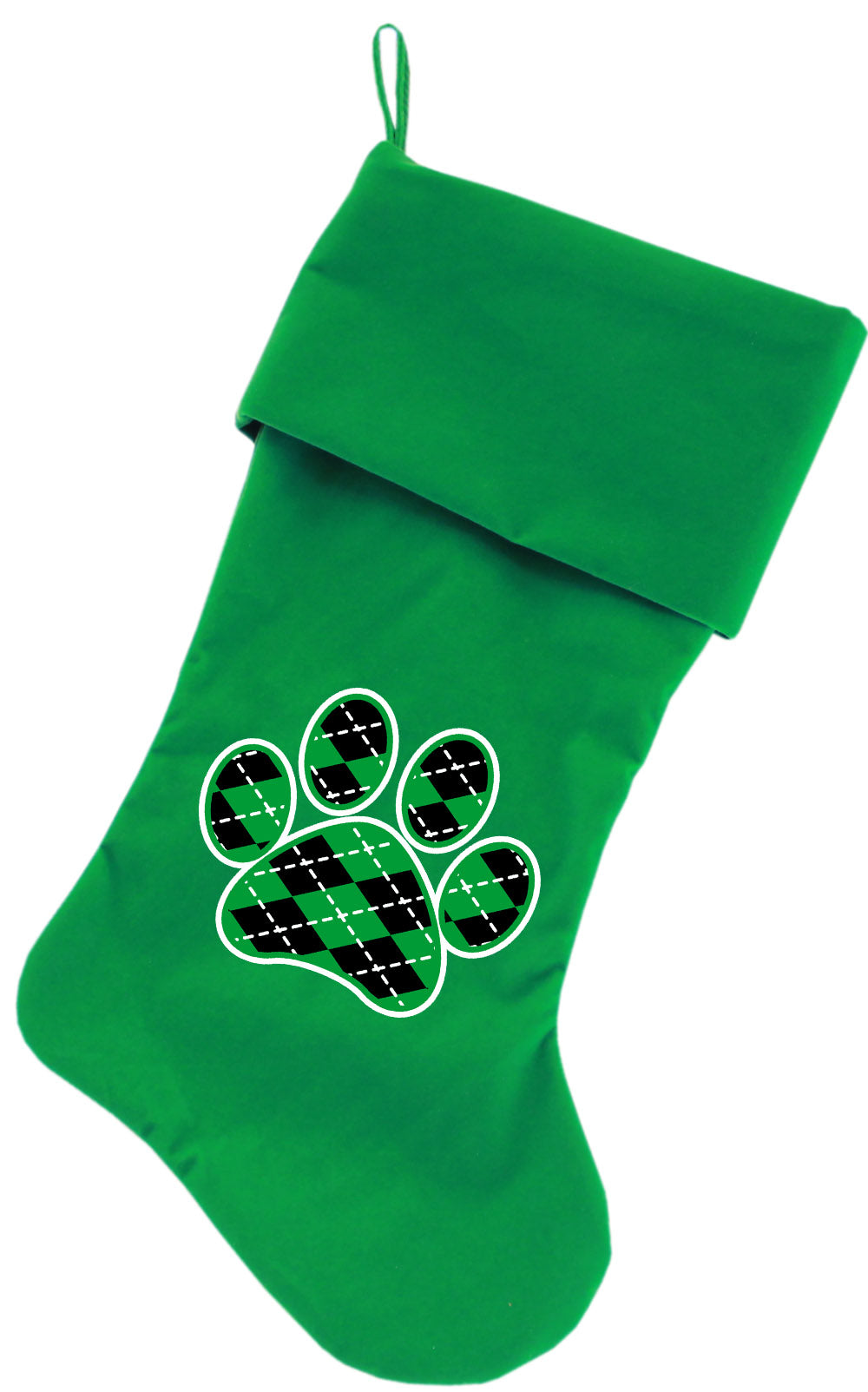 Argyle Paw Green Screen Print 18 Inch Velvet Christmas Stocking Green