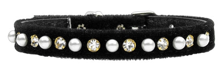 Velvet 3-8" Pearl And Clear Crystals Collar Black 12